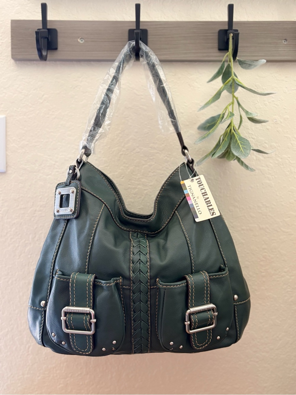 Tignanello Forest Green Genuine Leather Hobo Shoulder Bag, Braided + Studded NWT